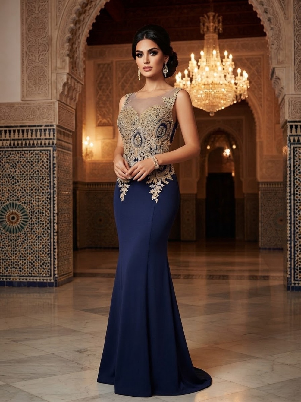 Navy/Gold Beaded Embroidered Sequin Sheer Sleeveless Long Gown M M1410